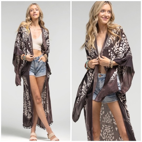 Tops - SOLD OUT Charcoal Damask Print Pompom Trim Bohemian Kimono Wrap Coverup Open Top